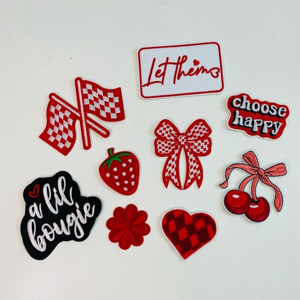Lot of 9 embroidered iron on patches, checkered heart, let them, cherry, DIY